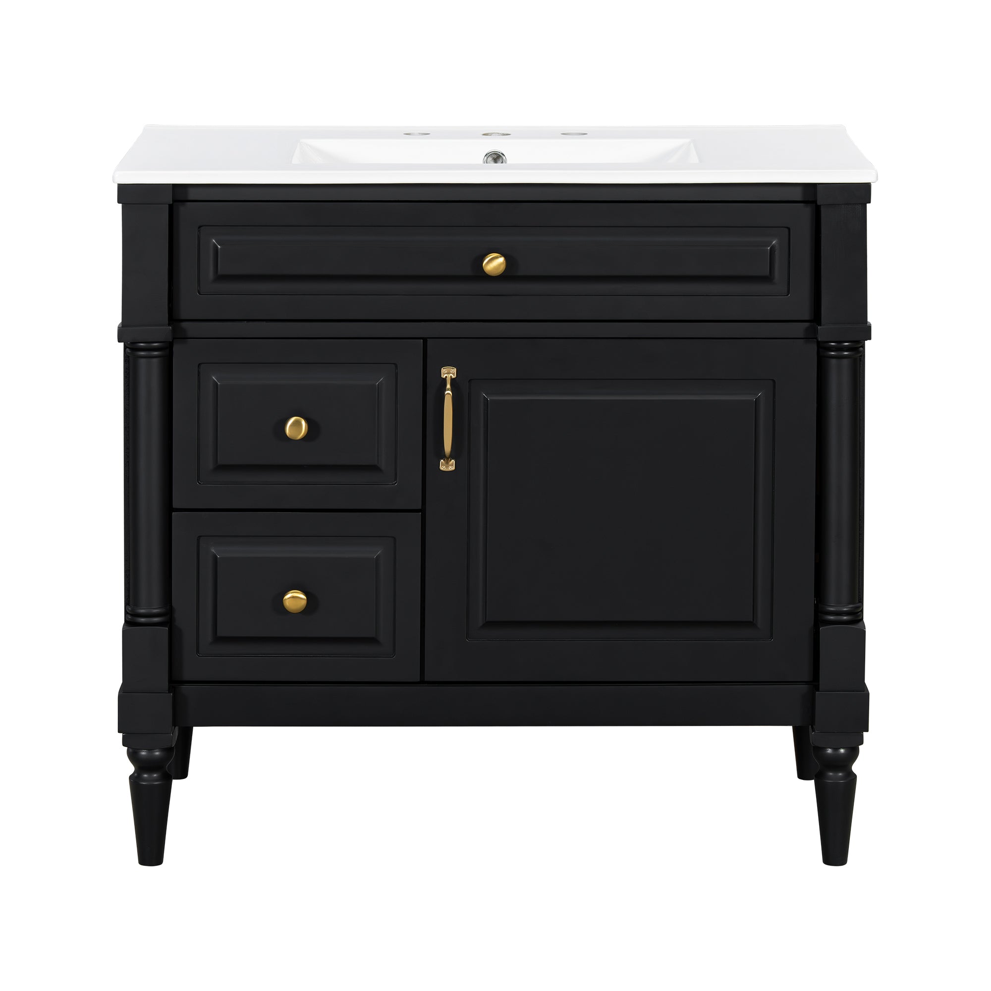 VanityFus 36-in Black Bathroom Vanity Single Sink Combo Ceramic Top 1 door 3 drawers Undermount Adjustable Shelves
